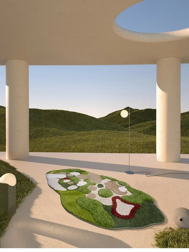 Green irregular Nordic rug for home and office use.