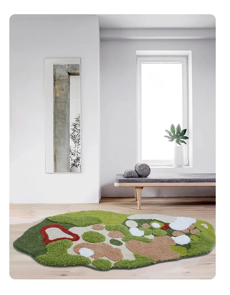 Decorative moss floor mat for living room design.