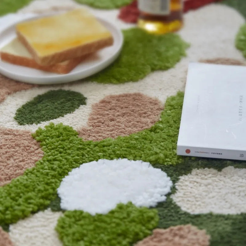 Anti-slip green tufted rug for modern living room.