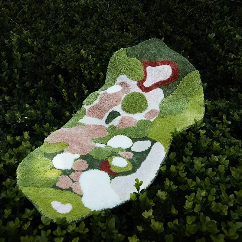 Nordic moss-inspired irregular rug for kids’ play area.