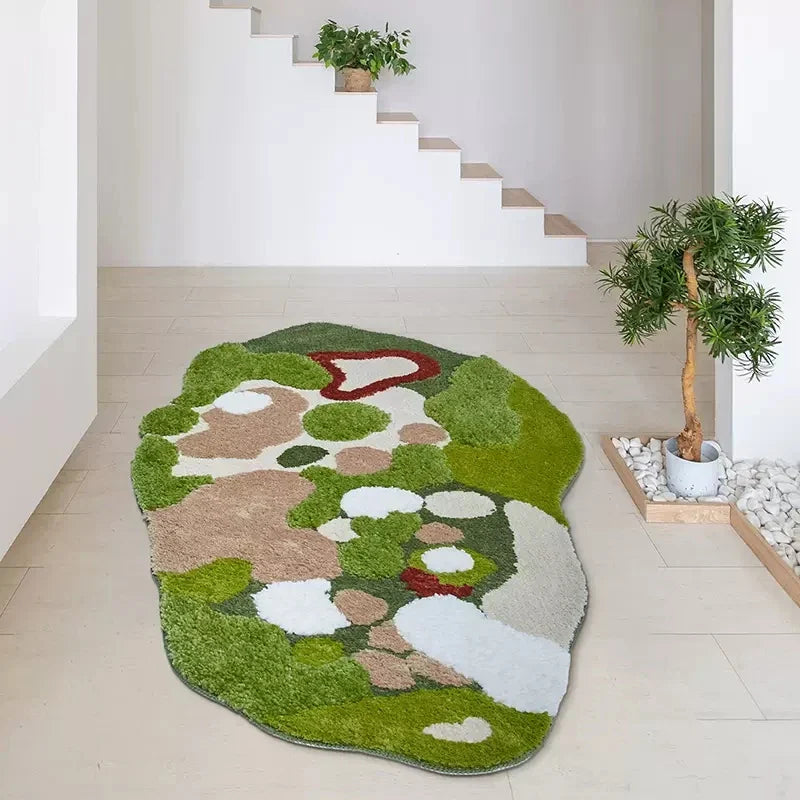 Soft polyester tufted rug with plant-inspired pattern.