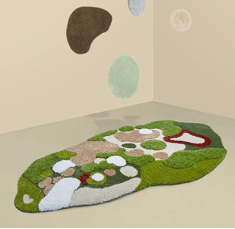 Irregular bedside rug with anti-slip TPR backing.