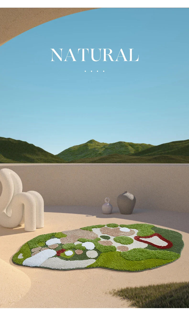 Machine-made tufted moss rug with soft fibers.