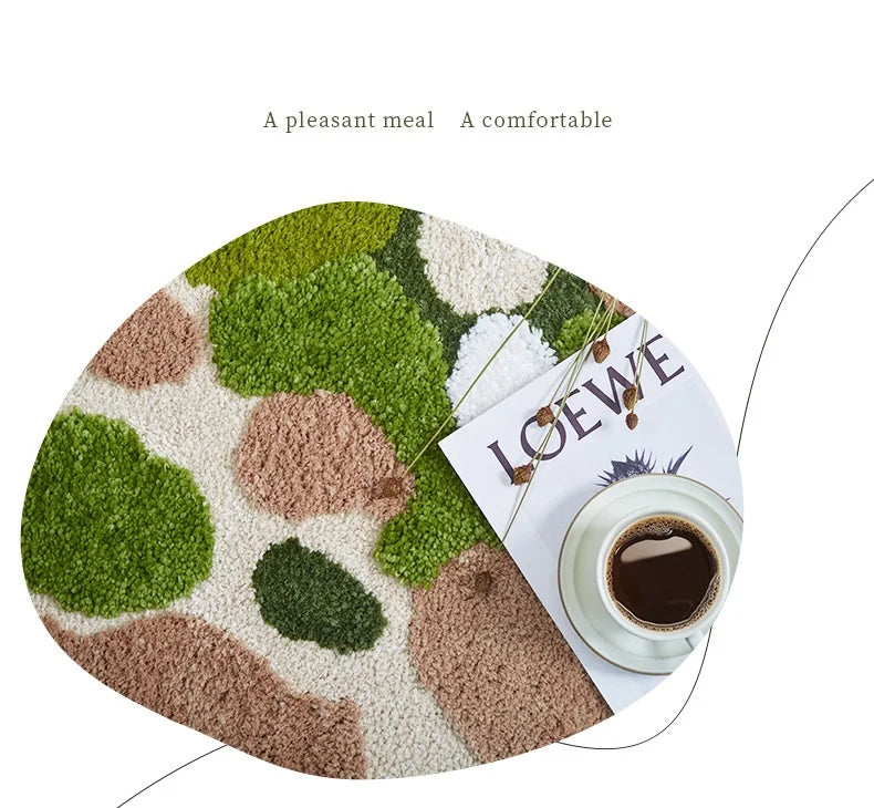 Green organic shape bedside carpet for bedrooms.