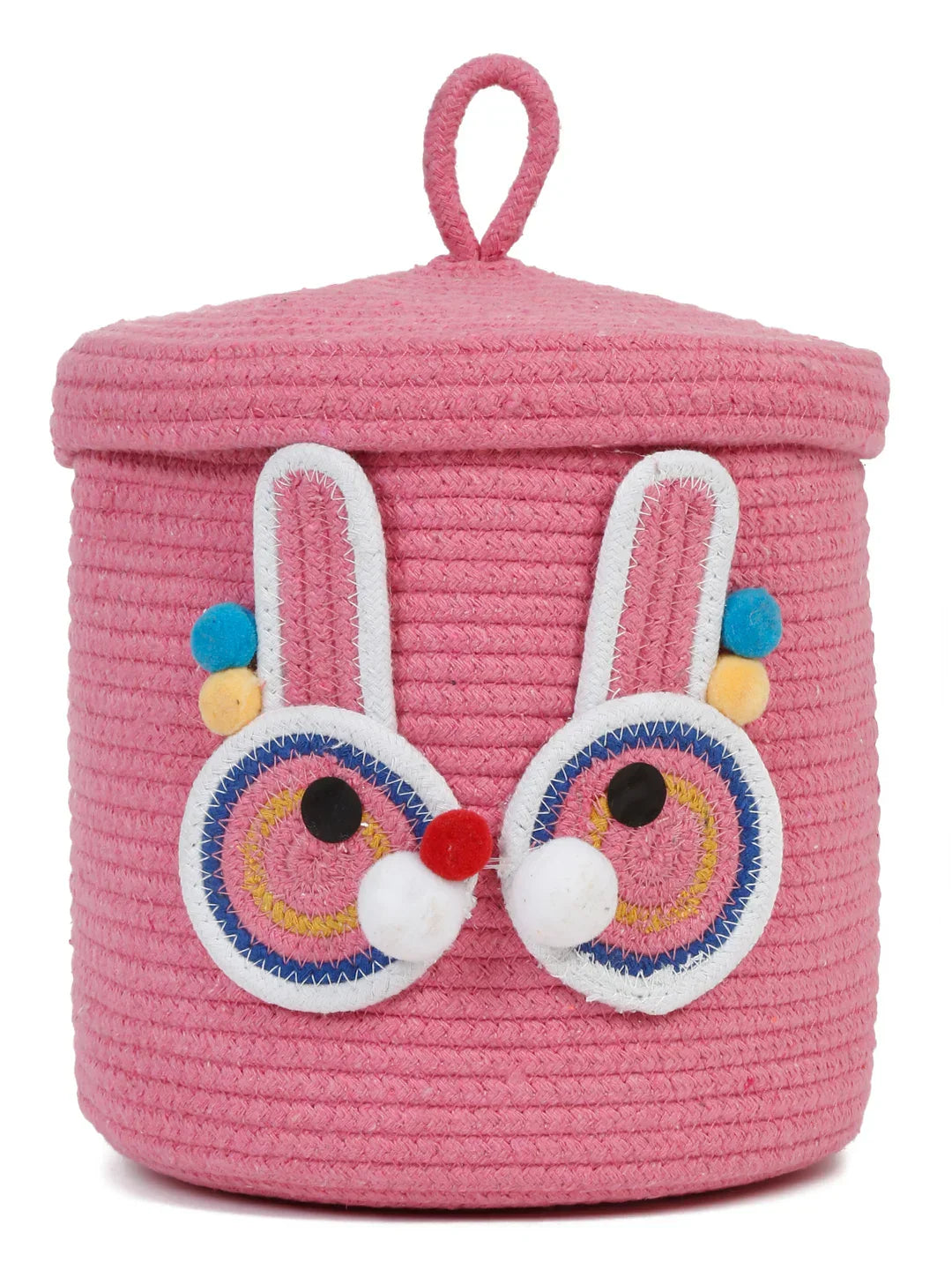 Pink bunny face laundry hamper with colorful eyes