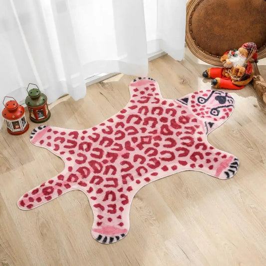 Pink imitation leopard print rug for modern living room décor.