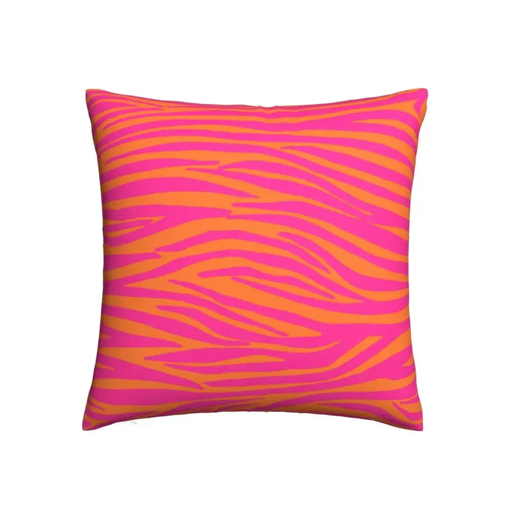 Pink and orange zebra print cushion cover on white background.