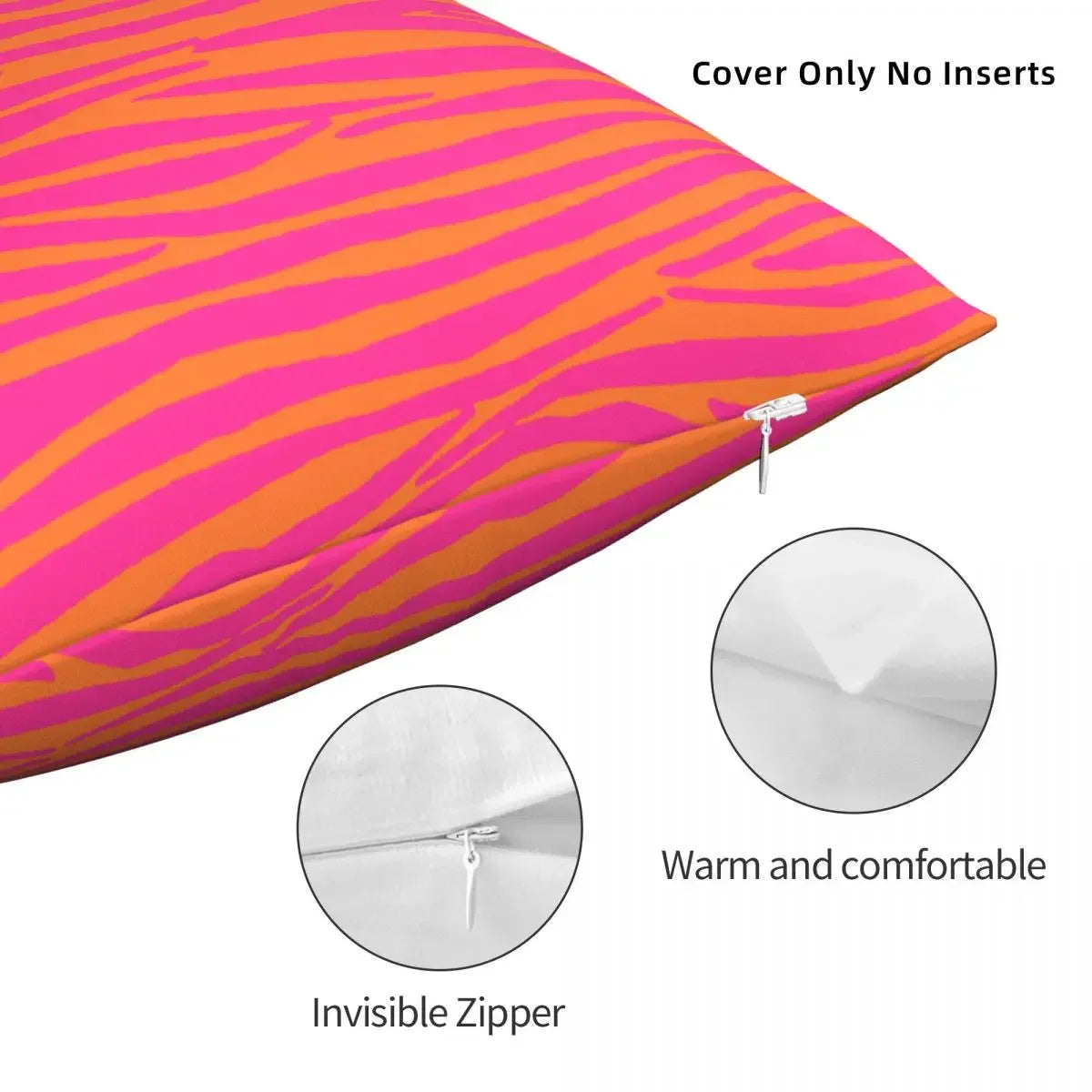 Decorative polyester pillow cover with pink zebra stripe design.