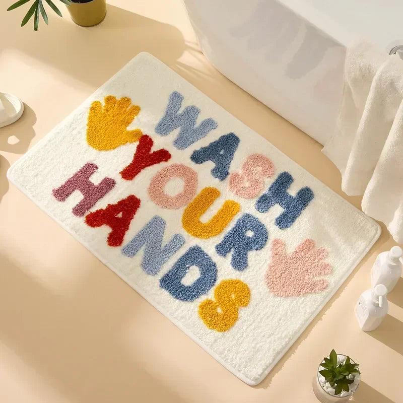 Wash Your Hands cute bathroom mat in beige tone.