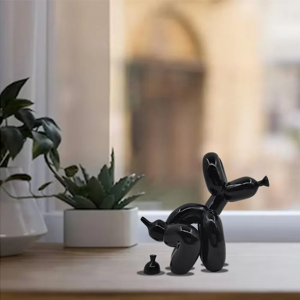 Quirky resin dog sculpture with removable poop accessories.