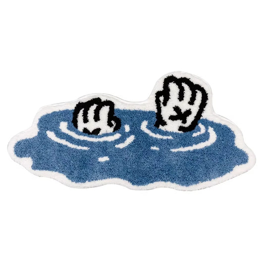 Blue handprint floor mat for modern bathroom decor.