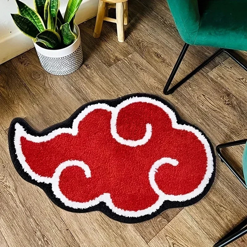Soft imitation cashmere red cloud bath mat near shower.