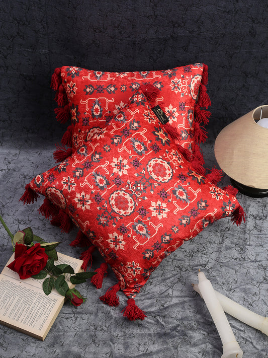 Luxurious red and gray geometric velvet cushion covers with tassels - set of 2 decorative pillow covers for sofa and bed.