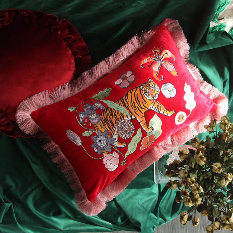 Decorative jungle flora embroidery pillow case in red velvet.