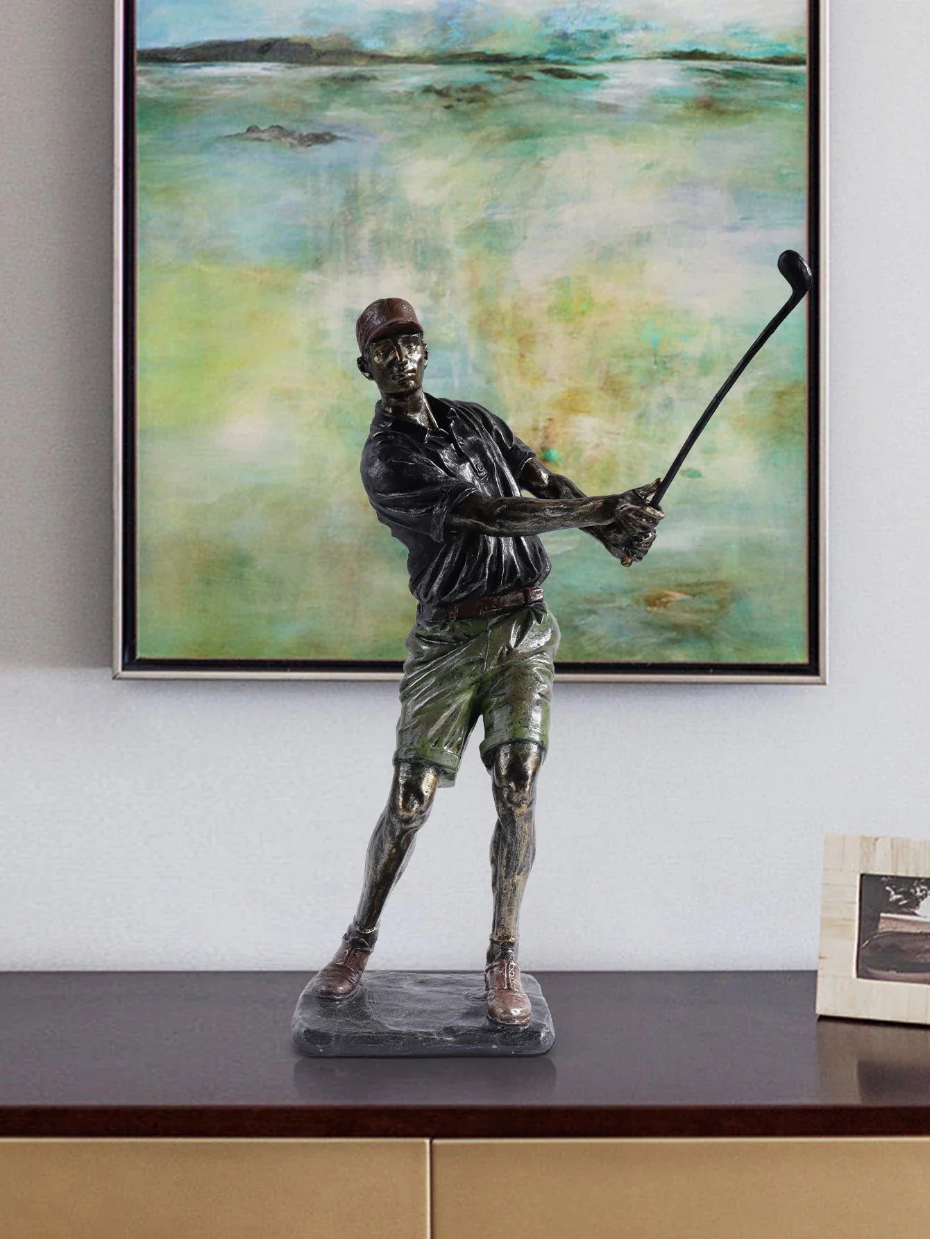 Collectible golf swing statue resin home decoration.