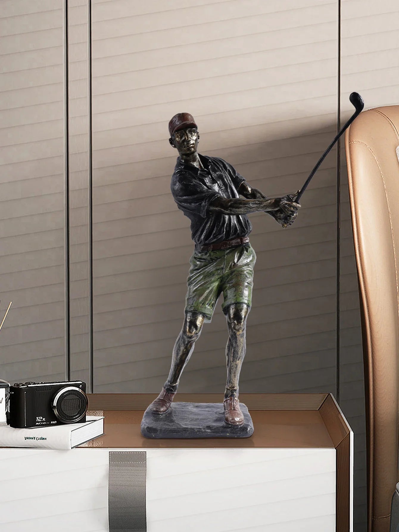 Unique golf-inspired statue for study and bookshelf.