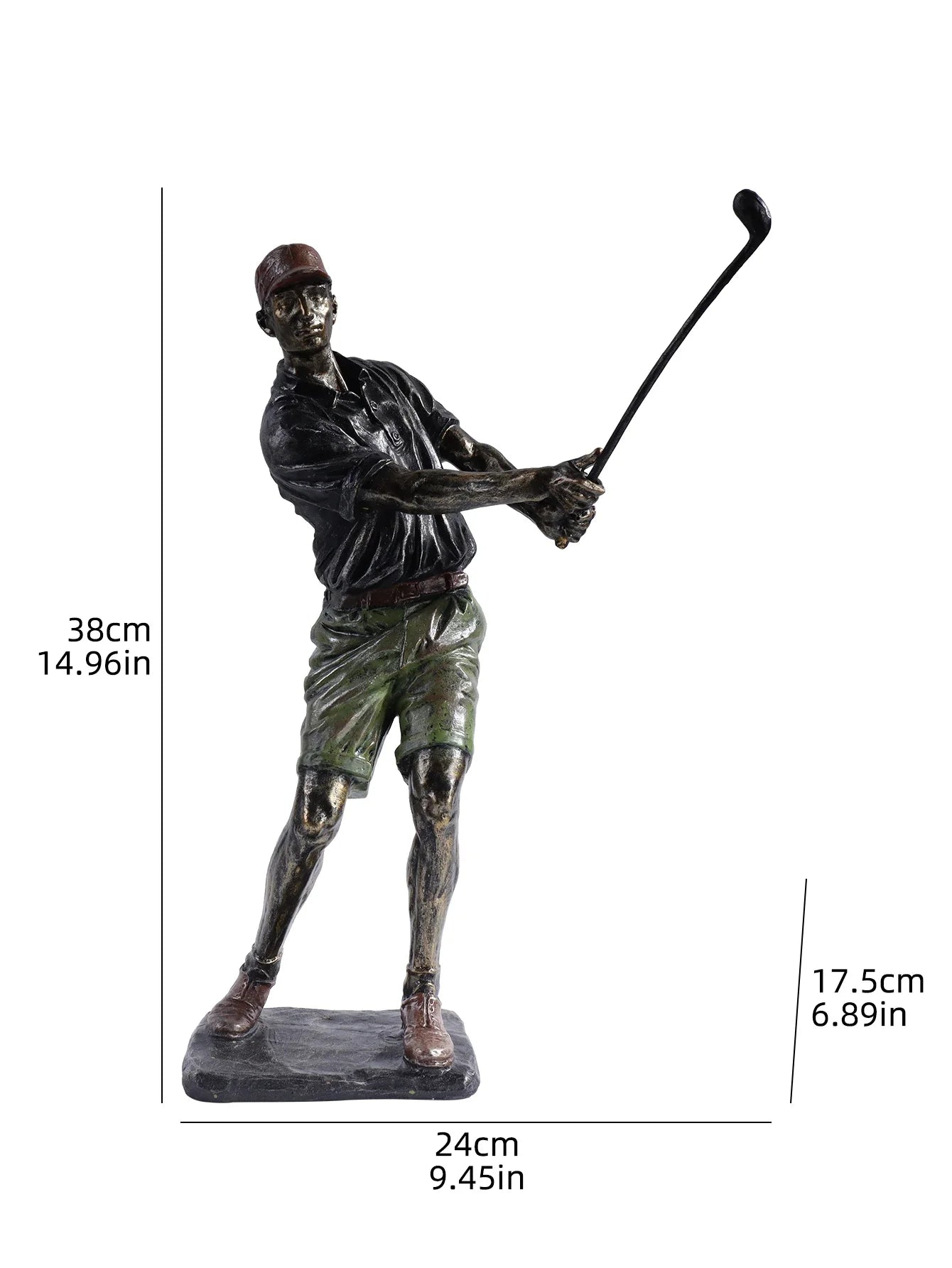 Resin golfer figurine with lifelike sports detailing.