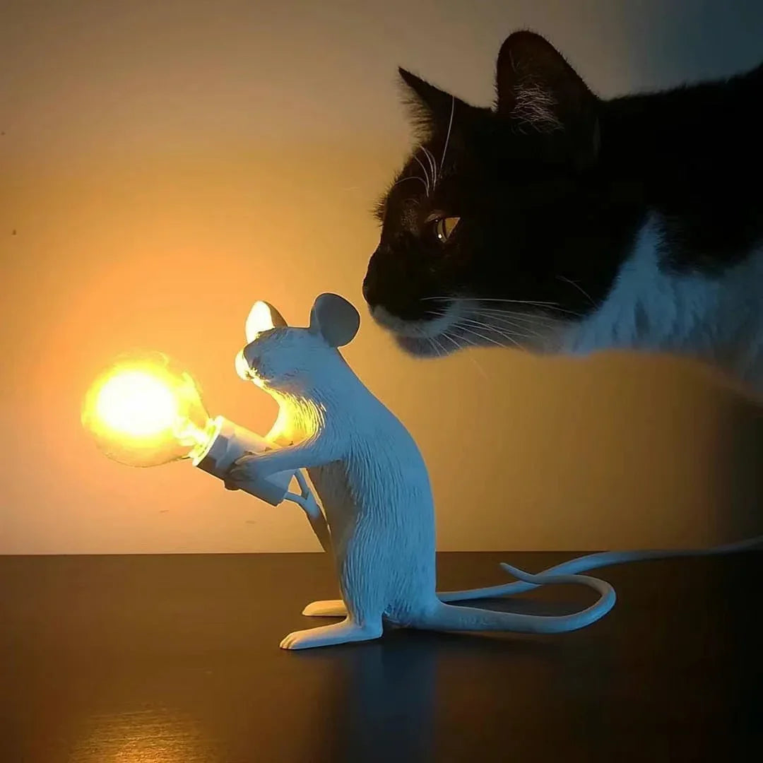White resin mouse lamp sitting with LED bulb