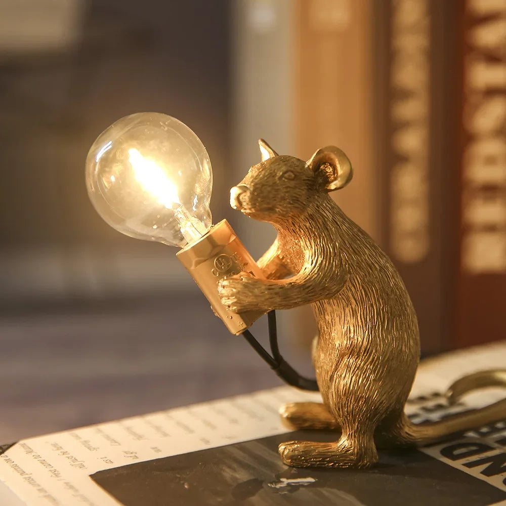 Gold standing resin mouse lamp with LED bulb