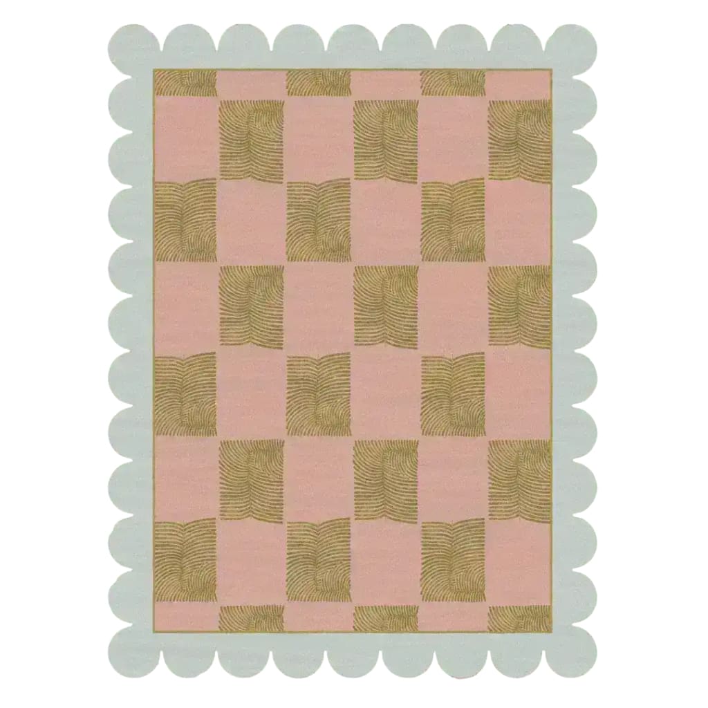 This image showcases a beautifully designed Scalloped Leaf Checker Pastel Hand Tufted Rug, perfect for large living rooms. The area rug features a delicate checker pattern in soft pastel hues, with a unique scalloped edge adding a touch of boho charm. Made from high-quality wool, this large area rug is ideal for creating a cozy and stylish atmosphere in your living room.