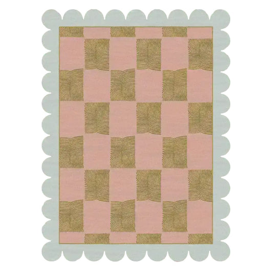 This image showcases a beautifully designed Scalloped Leaf Checker Pastel Hand Tufted Rug, perfect for large living rooms. The area rug features a delicate checker pattern in soft pastel hues, with a unique scalloped edge adding a touch of boho charm. Made from high-quality wool, this large area rug is ideal for creating a cozy and stylish atmosphere in your living room.