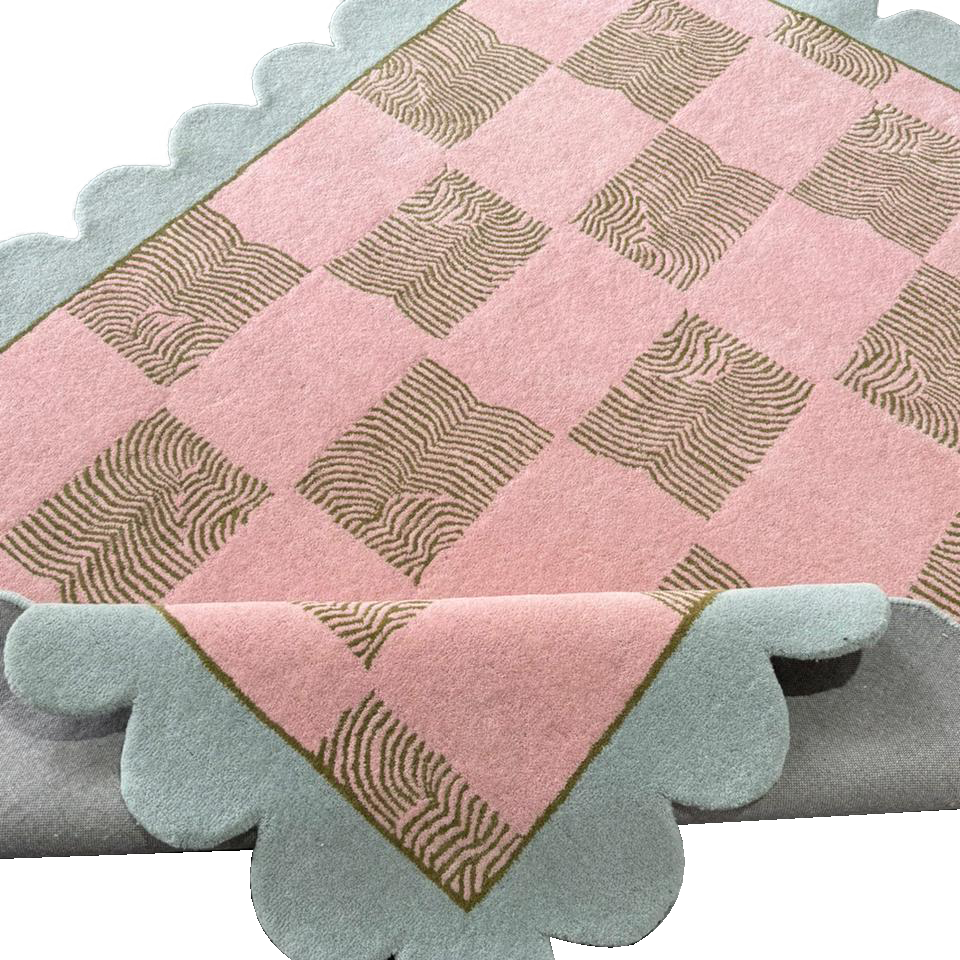 Modern pastel scalloped edge wool rug for luxury living spaces.