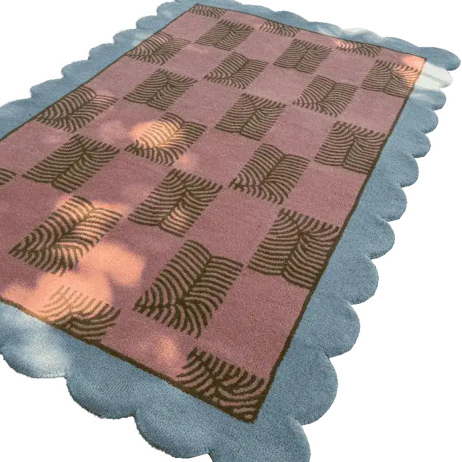 This area rug features a unique scalloped leaf checker pattern in pastel colors, perfect for a large living room. Its boho design, with a blend of wool material, adds a cozy touch to any space. Ideal as a large area rug, it complements bohemian decor and enhances the look of your living room with its vibrant yet subtle design.