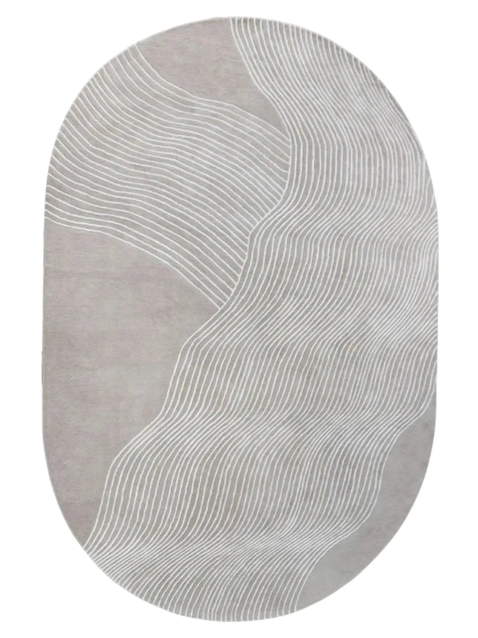Taupe and white hand-tufted oval wool rug with modern wavy line design.