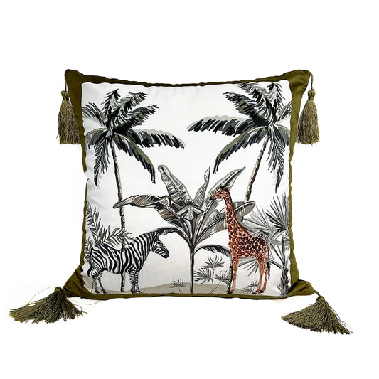 Olive green tropical velvet cushion cover with zebra and palm tree design.