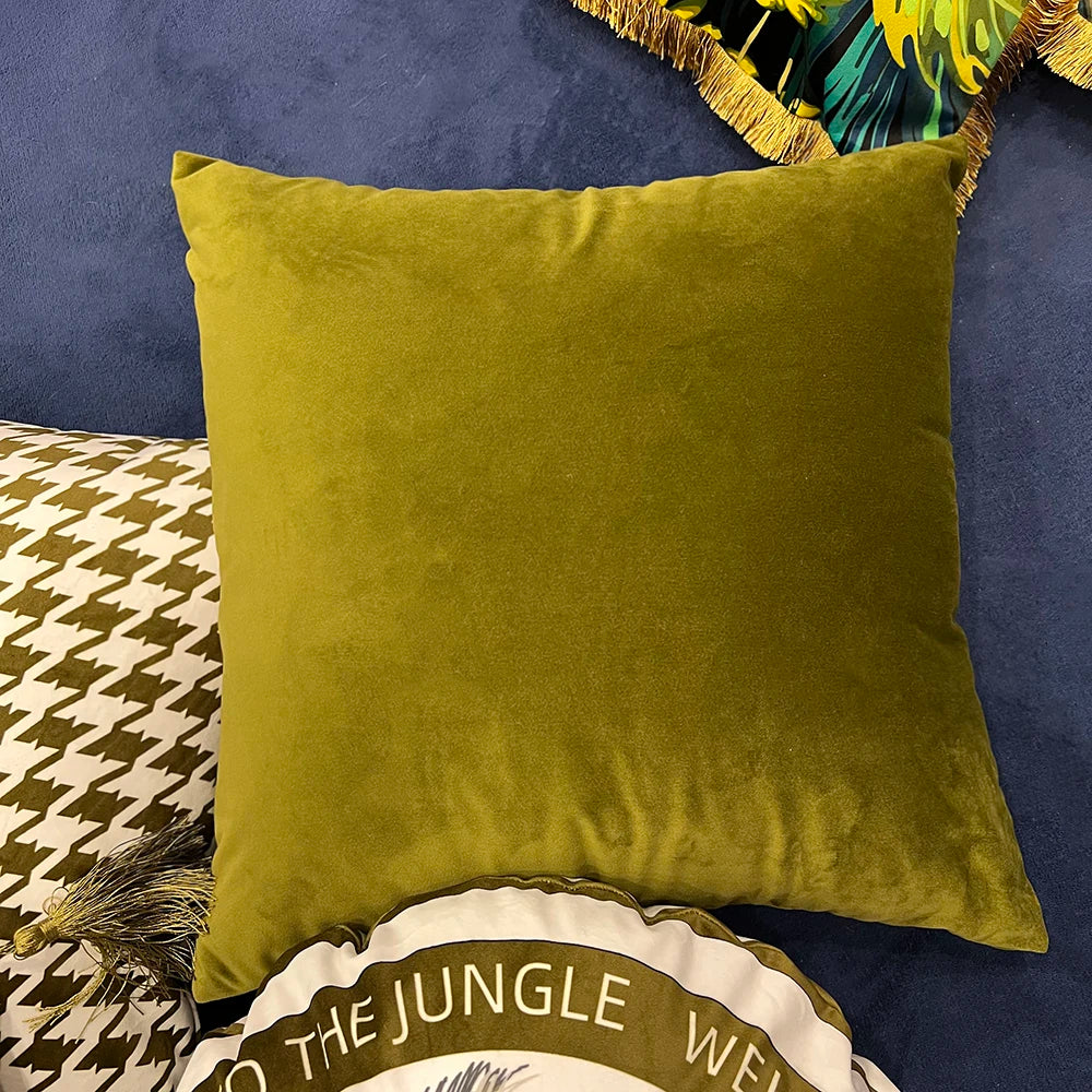 Soft plain olive velvet pillow cover for living room or bedroom styling.