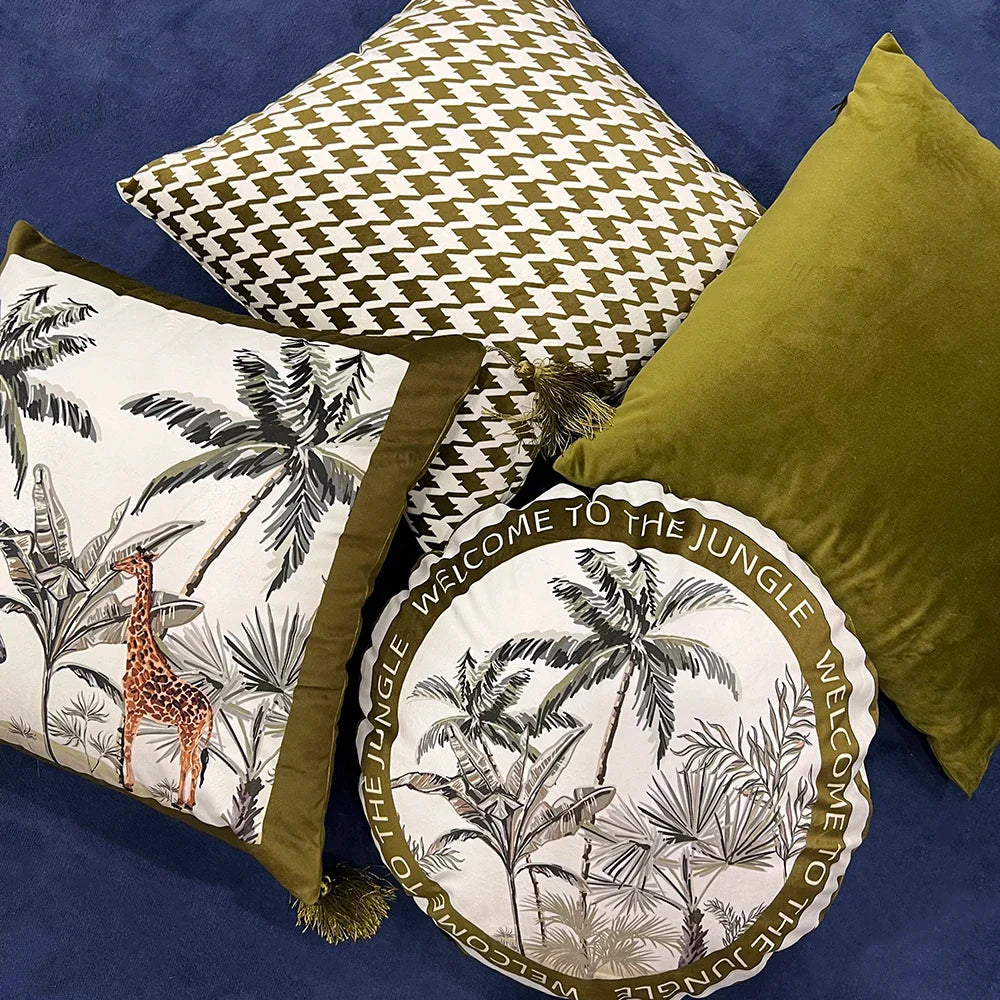 Round olive green jungle print pillow cover for sofa or chair decoration.