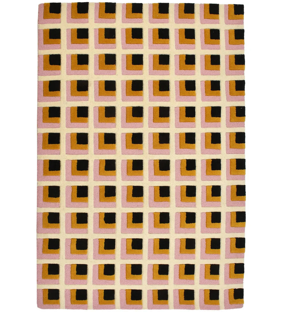 Pink, mustard, and black geometric hand-tufted wool rug
