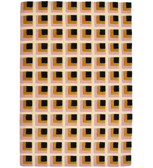 Pink, mustard, and black geometric hand-tufted wool rug