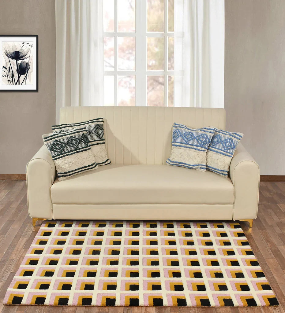 Modern grid rug with bold black squares on cream background