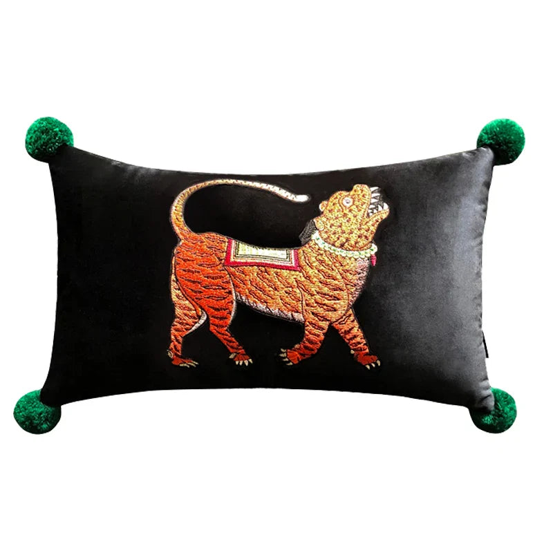 Premium velvet tiger embroidered pillow case for modern living room.