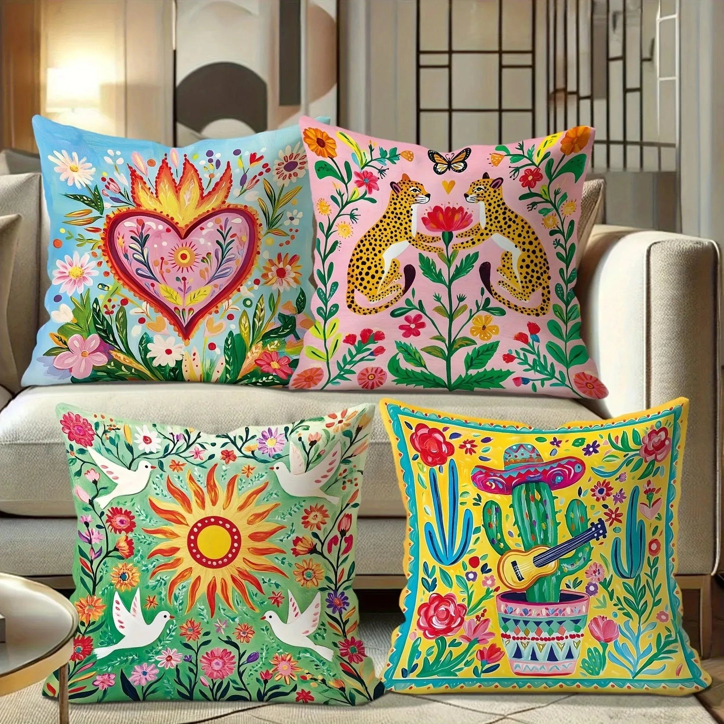 Vibrant floral and animal print cushion cover on sofa.