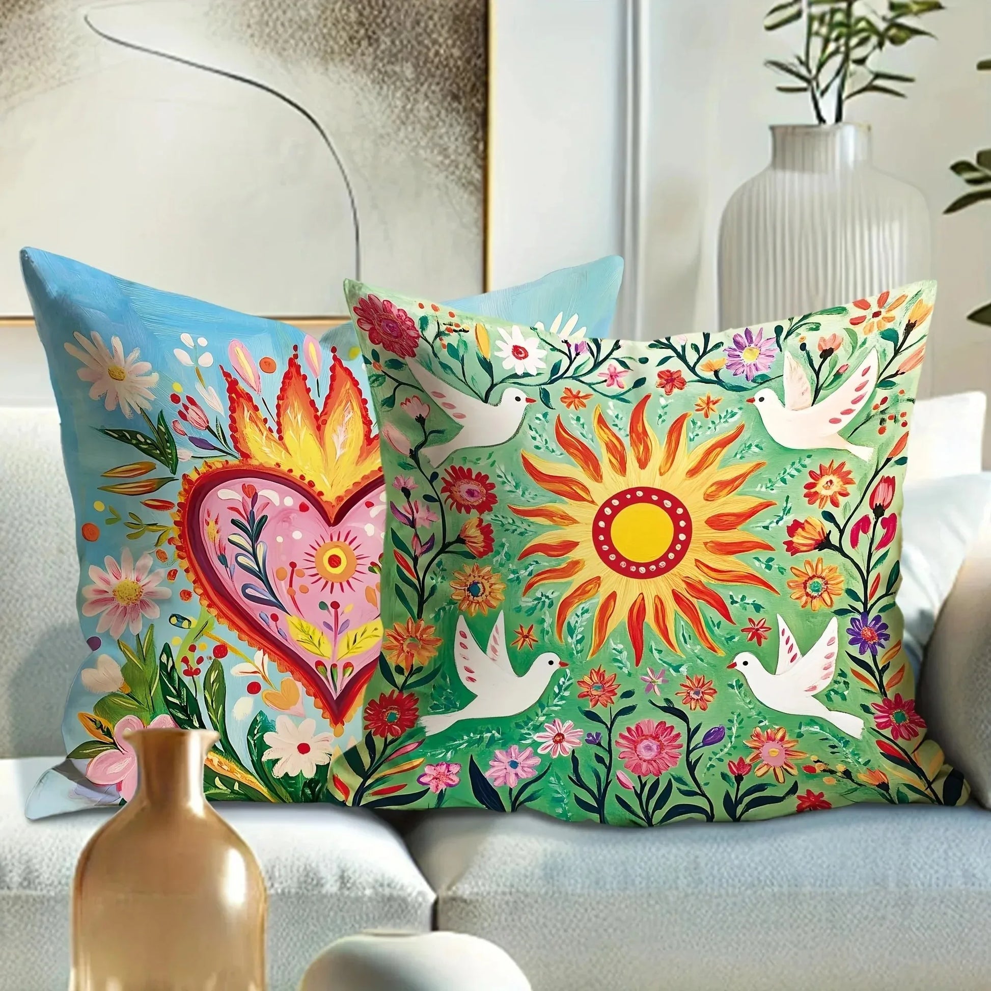 Artistic fauna and flora themed polyester cushion cover.