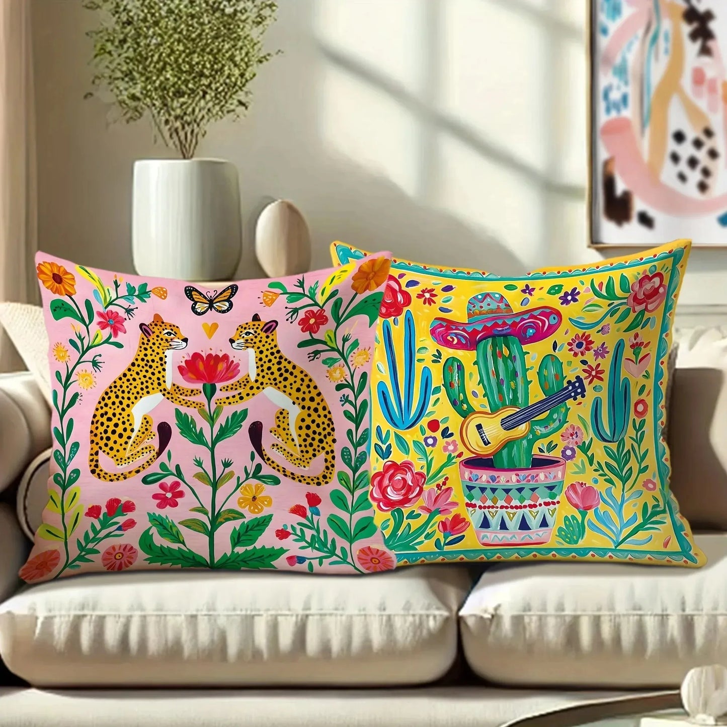 Bright multicolor printed pillowcase for sofa and bed.