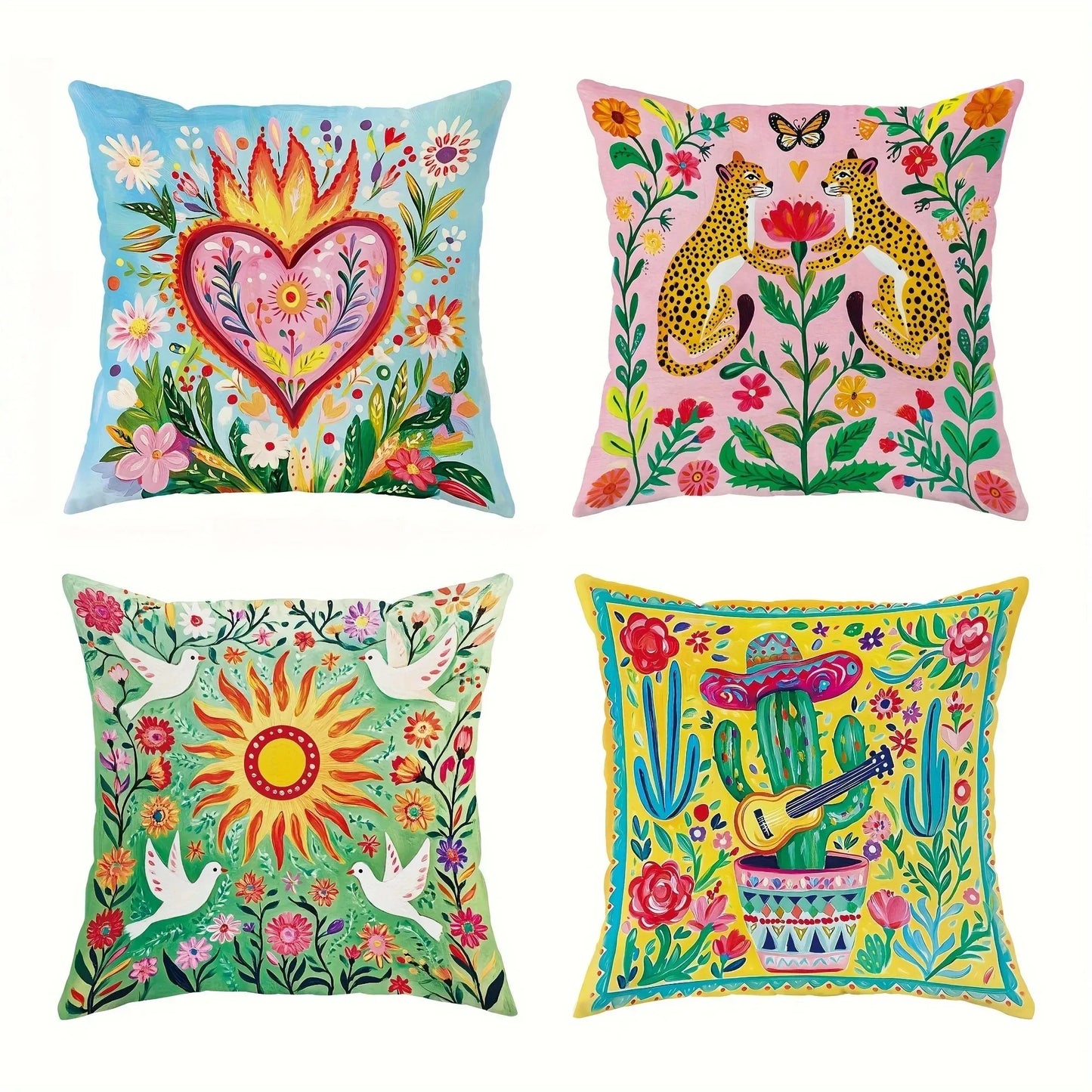 Modern folk-style floral animal pillow cover with hidden zipper.