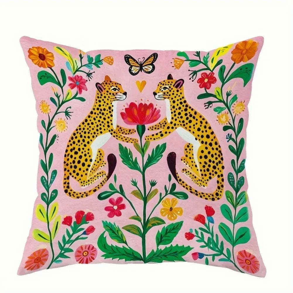 Pink leopard bloom 2D printed pillow cover for home décor.