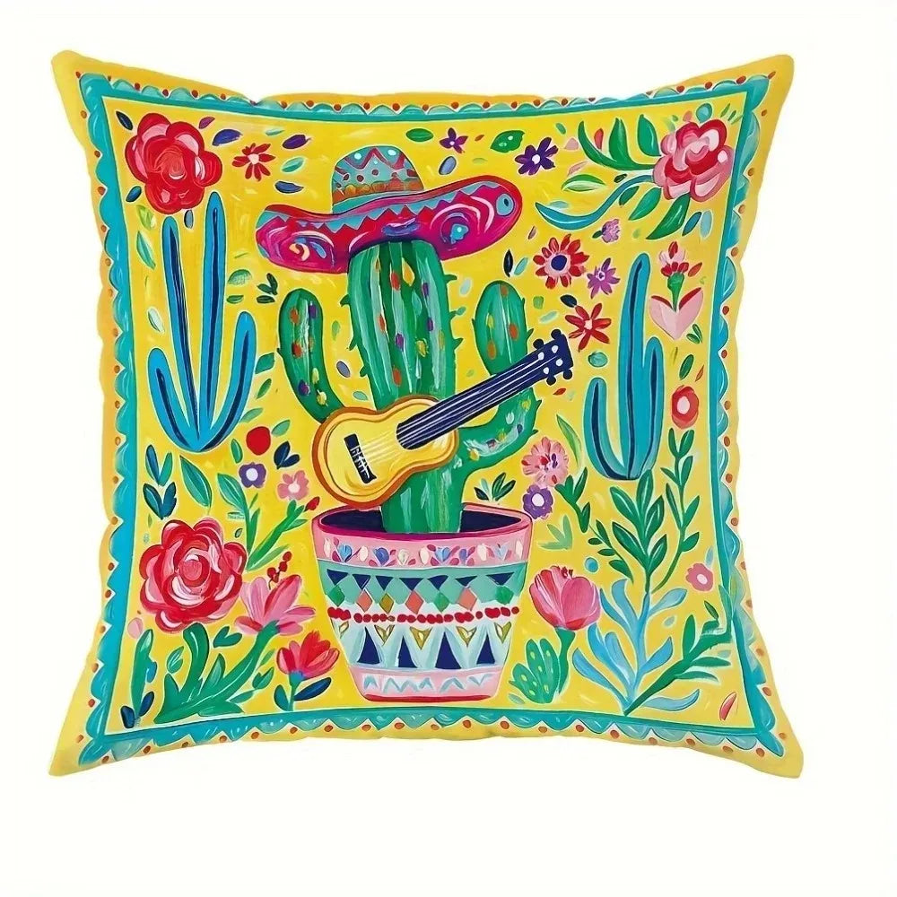 Cactus fiesta melody printed linen blend pillowcase.