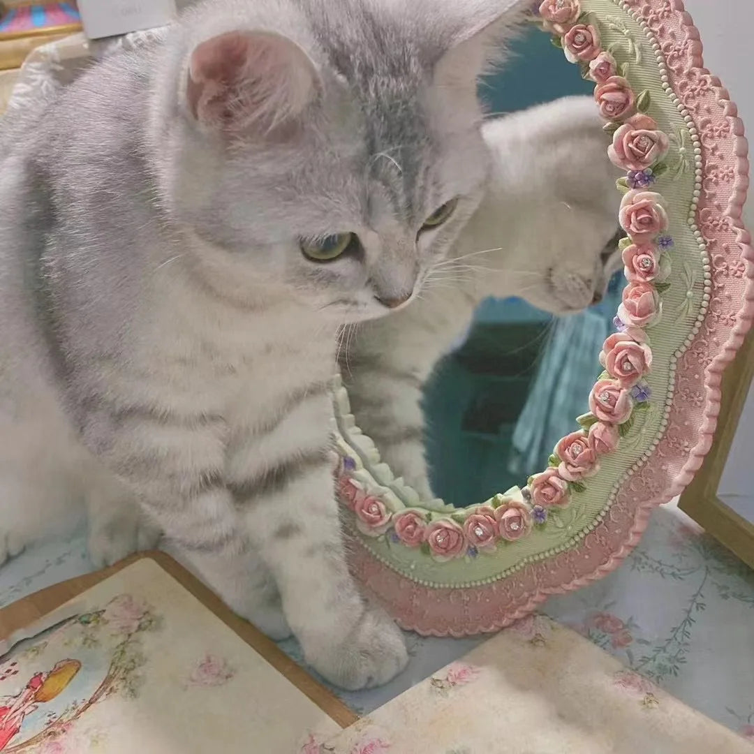 Pink rose-framed tabletop mirror for elegant vanity setup.