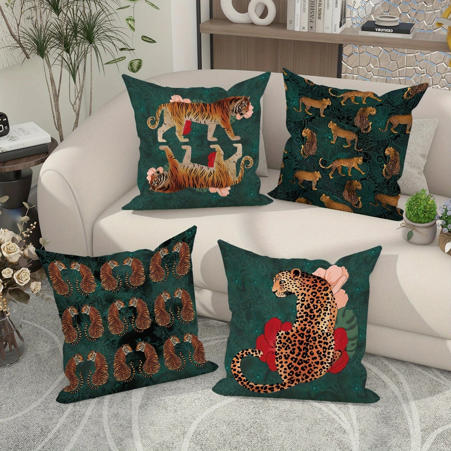 Set of tiger and leopard pillow covers for bohemian interiors.