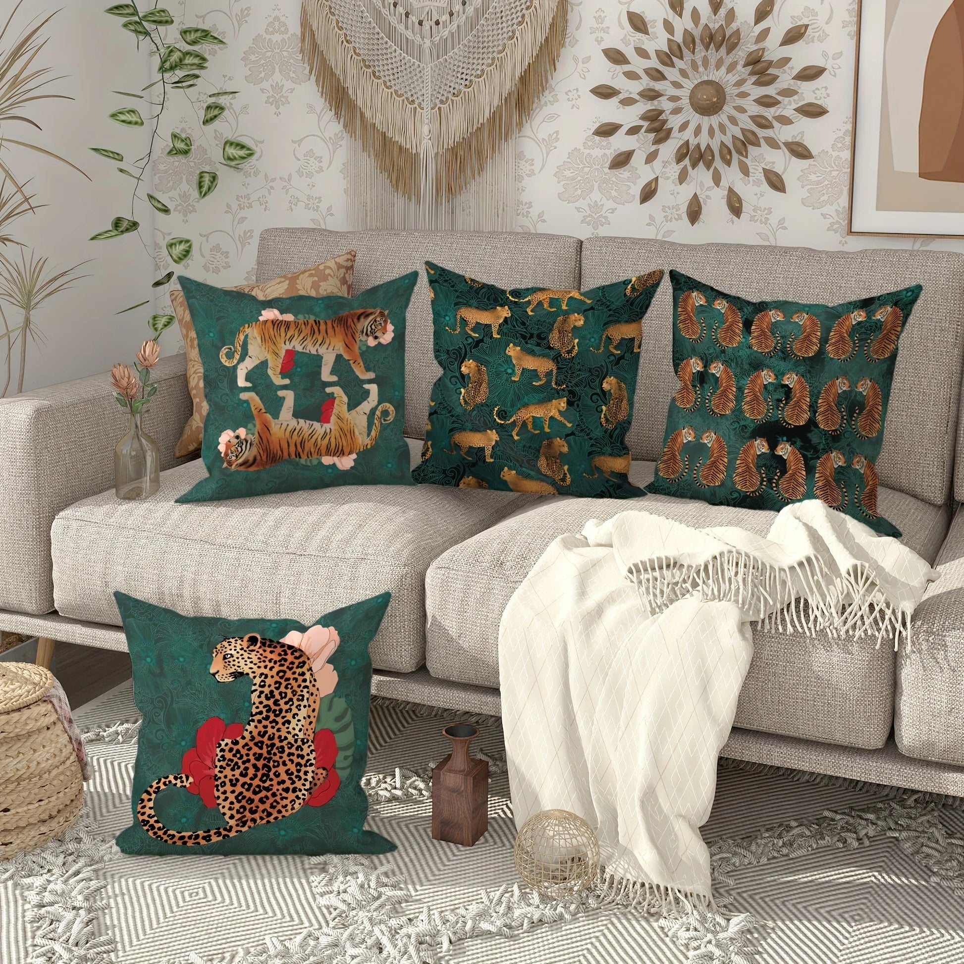 Green and orange bohemian pillow cover for bedroom cushions.