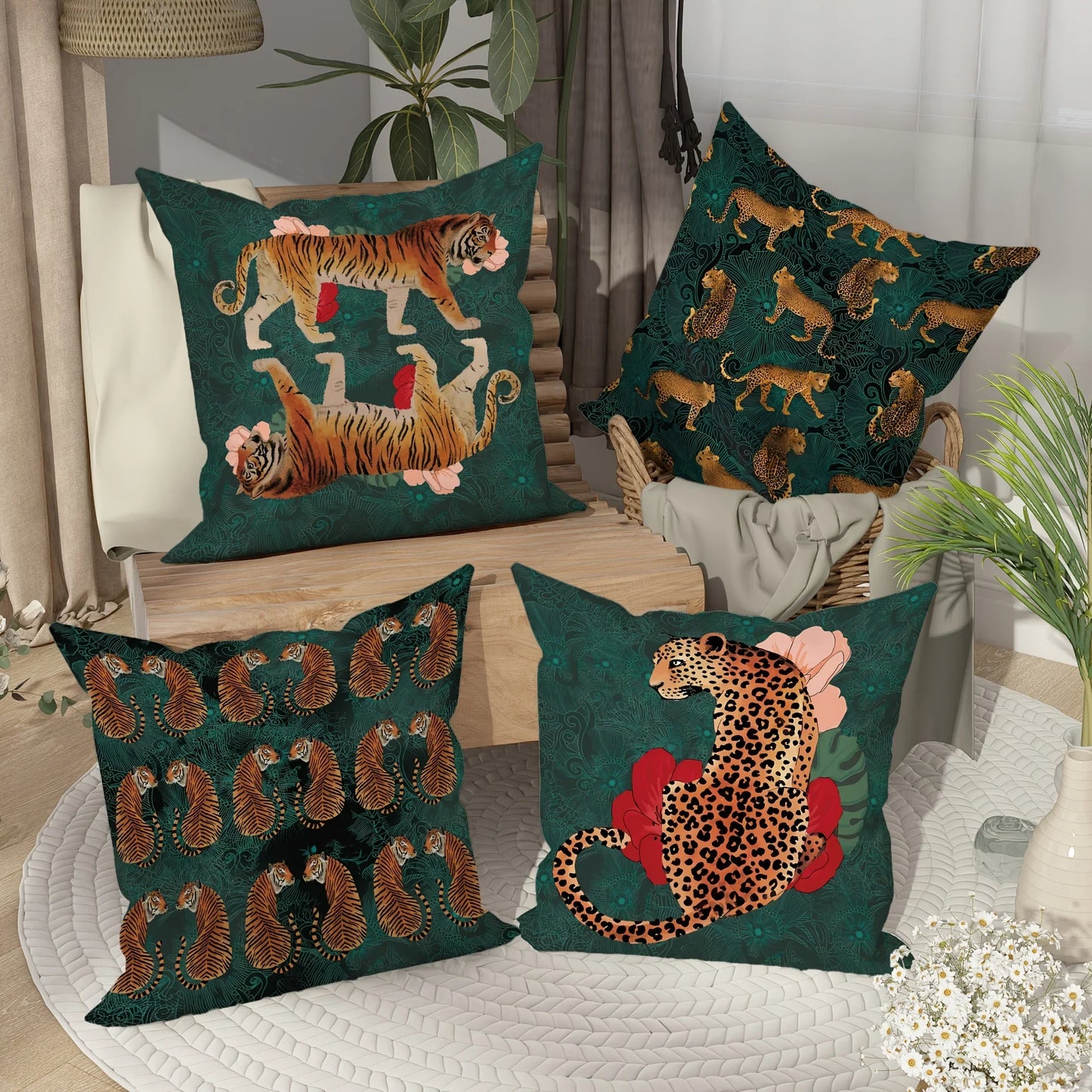Bohemian tiger pillow cover with floral design on green background.