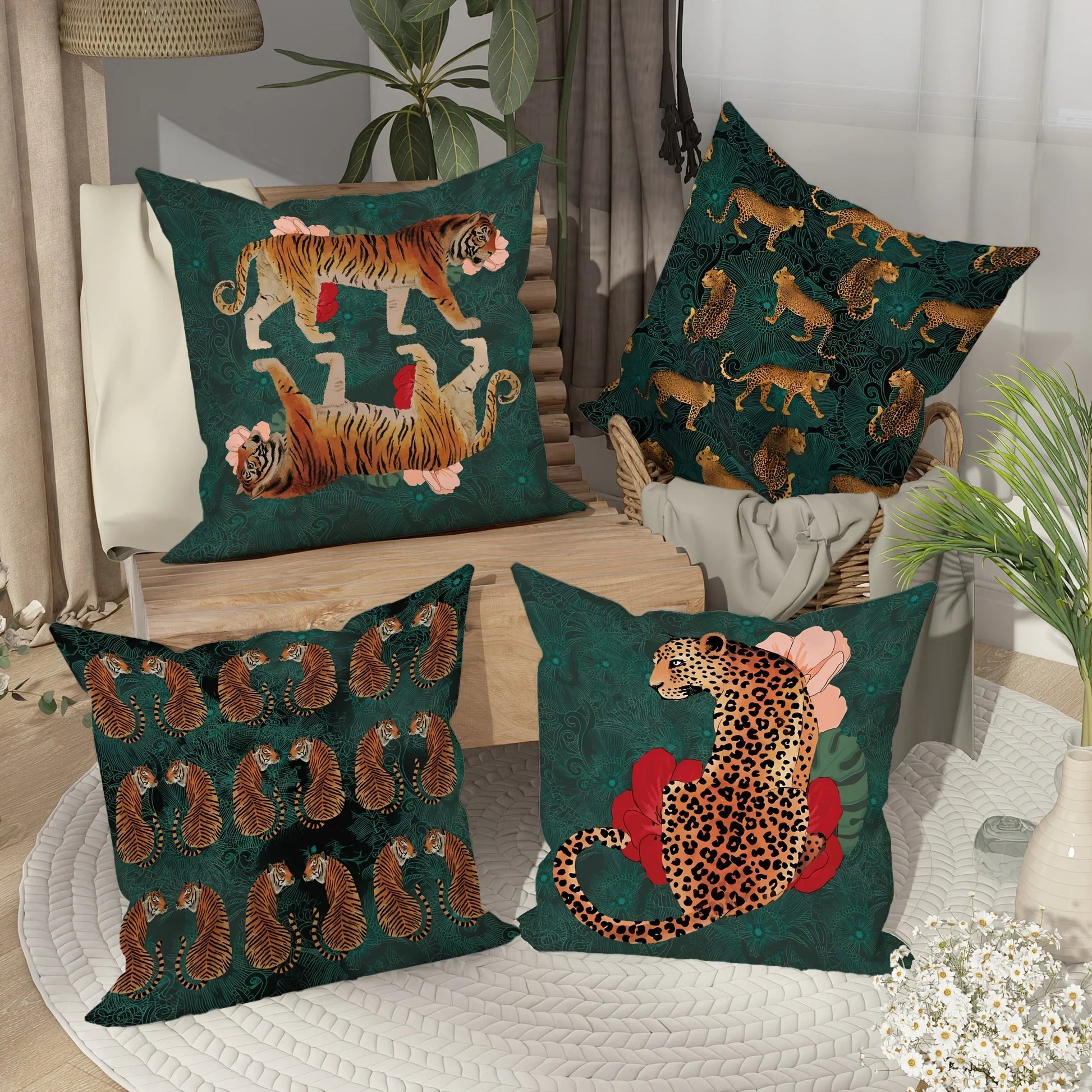 Bohemian tiger pillow cover with floral design on green background.