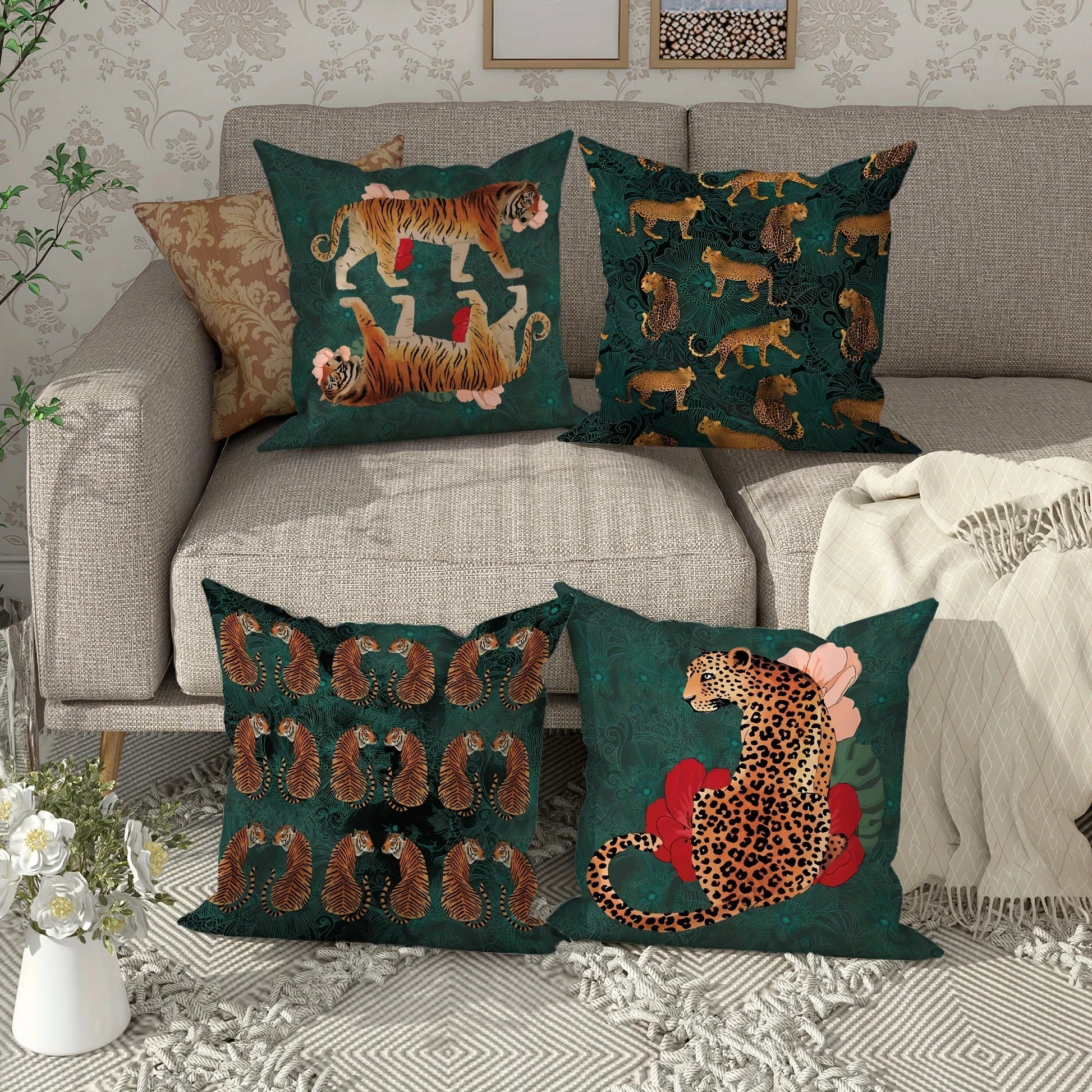 Leopard print pillow cover with vintage Persian-style pattern.