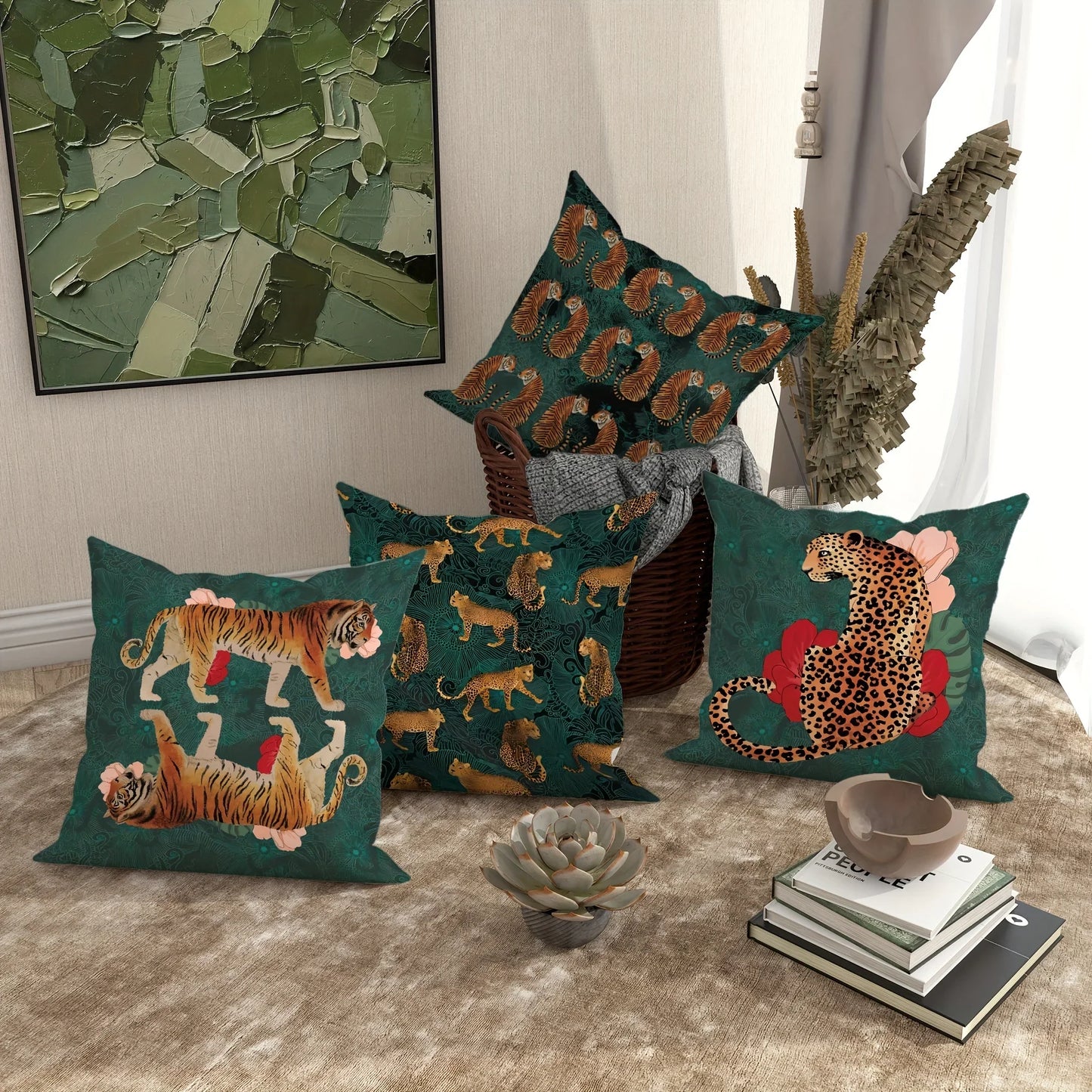 Decorative throw pillow cover with twin tigers and floral accents.
