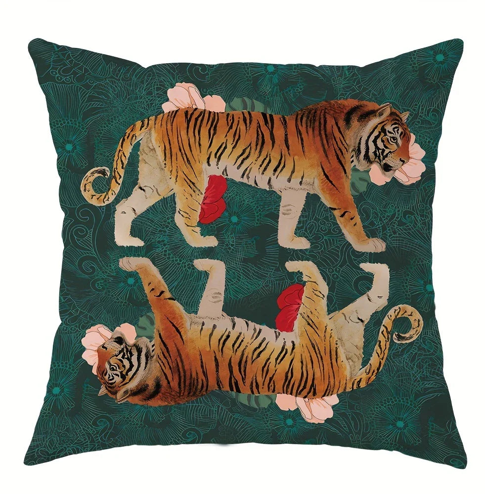 Bold tiger design pillow cover with hidden zipper closure.