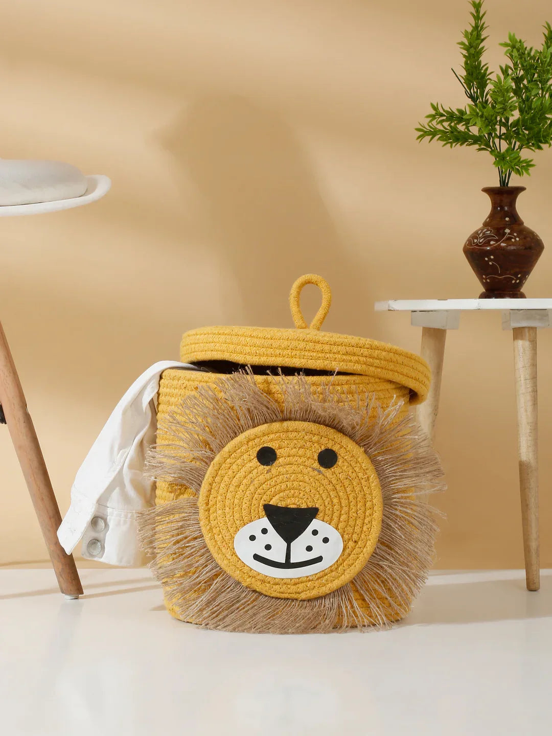 Handwoven jute cotton lion storage basket